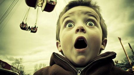 A young child expresses surprise and excitement while at an amusement park, capturing the thrill of a ride. The cloudy background enhances the adventurous scene.の素材