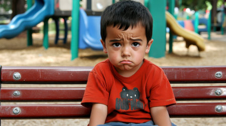 A sad young boy sits alone on a bench in a colorful playground, showcasing feelings of disappointment and solitude amidst joyful surroundings.の素材