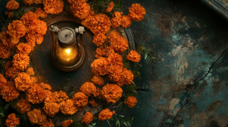 A vintage lantern glowing softly amidst a vibrant arrangement of orange marigold flowers, creating a warm and inviting atmosphere perfect for celebrations or decorative themes.の素材