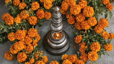 A stunning arrangement featuring vibrant orange marigold flowers surrounding a silver candle holder, symbolizing beauty and warmth for celebrations and rituals.の素材