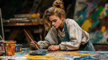 A young artist focuses intently on her colorful painting in a vibrant studio. The scene captures the joy and creativity of artistic expression.の素材