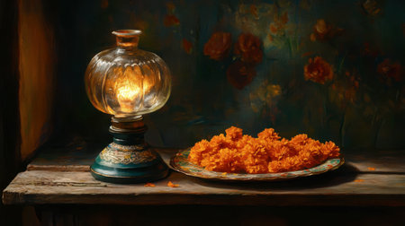 A vintage lantern emits a warm glow beside a plate of marigold flowers, creating a cozy and inviting ambiance. Perfect for themes of tradition and nature.の素材