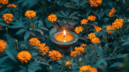 A serene candle surrounded by vibrant marigold flowers, creating a calming atmosphere that invites relaxation and contemplation in nature's beauty.の素材