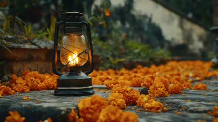A vintage lantern softly glows amidst a bed of vibrant orange petals, creating a serene and warm ambiance perfect for evening gatherings or celebrations.の素材