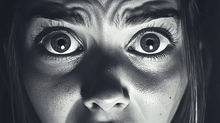 A dramatic close-up portrait capturing intense fear on a person's face. The stark lighting enhances the emotional depth, emphasizing the wide-open eyes and facial tension.の素材