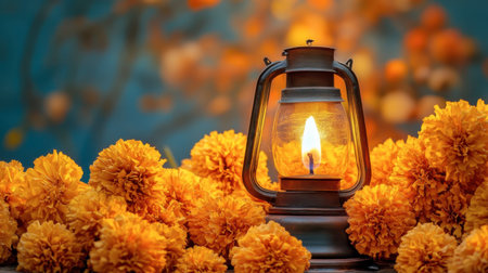 A vintage lantern emits a warm glow, surrounded by vibrant marigold flowers. This serene scene captures the essence of autumn celebrations and cozy ambiance.の素材