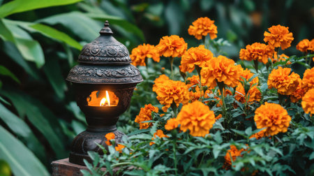 A beautiful lantern shines softly among bright marigold flowers, creating a tranquil and serene atmosphere in a lush garden setting.の素材