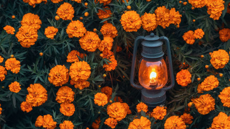 A charming lantern glows softly amidst vibrant orange marigold flowers, creating a warm and inviting atmosphere perfect for garden decor and relaxation.の素材