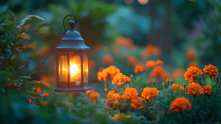 A glowing lantern stands among bright orange marigolds, creating a serene atmosphere in the evening garden. Perfect for capturing garden beauty and tranquility.の素材