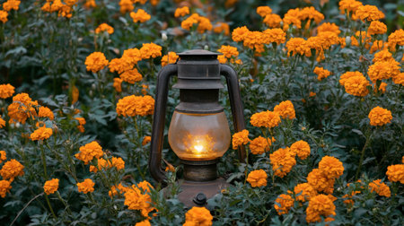 A vintage lantern casts a warm glow amidst vibrant marigold flowers. This charming scene captures the beauty and tranquility of nature, perfect for outdoor themes.の素材