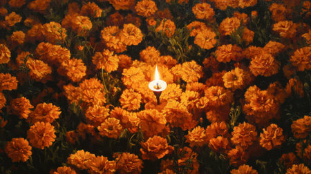 A serene candle emanates warmth and glow amidst a field of vibrant marigold flowers, creating a tranquil atmosphere perfect for reflection and celebration.の素材