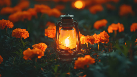 A vintage lantern emits a warm glow amidst a vibrant sea of marigold flowers, creating a serene and magical atmosphere for evenings outdoors.の素材