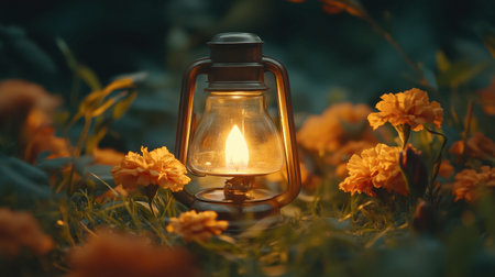 A stunning vintage lantern casting a warm glow amidst vibrant marigold flowers, creating a serene and tranquil outdoor ambiance in nature.の素材