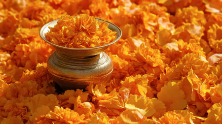 A stunning arrangement of vibrant yellow marigold flowers surrounding a decorative pot, capturing the essence of beauty and tradition in nature's artwork.の素材