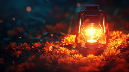 A vintage lantern glows warmly in a bed of vibrant flowers, creating a serene and magical ambiance. Perfect for nature-inspired themes and cozy settings.の素材