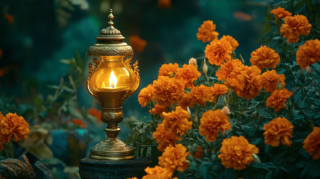 A beautifully lit vintage lantern casts warm light amidst vibrant marigold flowers, creating a serene and enchanting atmosphere in a lush garden.の素材