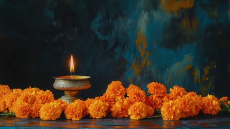 A serene composition featuring vibrant orange flowers and a lit candle, set against a colorful background, perfect for evoking warmth and celebration.の素材