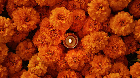 A stunning display of vibrant orange marigolds surrounds a central candle, creating a warm and inviting atmosphere ideal for celebrations and rituals.の素材