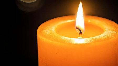 A close-up of a glowing candle in the dark, showcasing a flickering flame. This image evokes feelings of warmth, tranquility, and relaxation, perfect for various themes.の素材