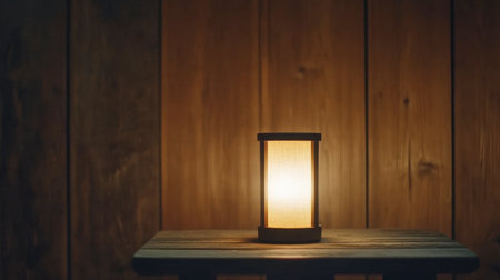 A warm glowing lantern rests on a wooden table, creating a serene ambiance. Perfect for cozy home decor or evening relaxation in a rustic setting.の素材
