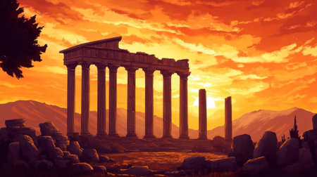 Stunning ancient ruins are silhouetted against a vibrant sunset, set in a picturesque landscape. The scene captures the beauty of historical architecture.の素材