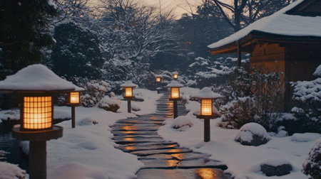 Discover a tranquil winter scene featuring a snow-covered pathway illuminated by warm lanterns. Experience the calm beauty of nature at dusk.の素材