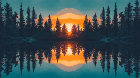 A stunning sunset reflects off a calm lake surrounded by tall pine trees, creating a serene and tranquil atmosphere that highlights the beauty of nature.の素材