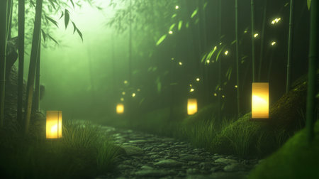 Explore a serene bamboo path illuminated by soft lanterns amid a misty atmosphere, creating a tranquil and magical outdoor experience.の素材