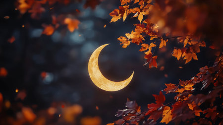 A stunning crescent moon glows brightly amidst vibrant autumn leaves, creating a serene and magical atmosphere in the evening light.の素材