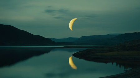 A tranquil nighttime landscape featuring a crescent moon reflected in a calm lake. The serene environment is surrounded by distant hills and soft clouds, creating a peaceful ambiance.の素材