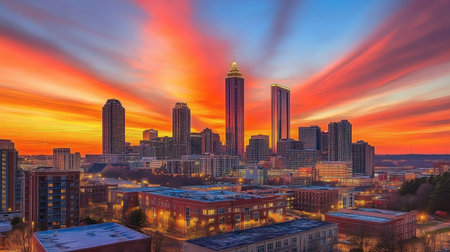 Breathtaking sunset view over the Atlanta skyline, showcasing vibrant colors and clouds. A perfect blend of urban architecture and natural beauty.の素材