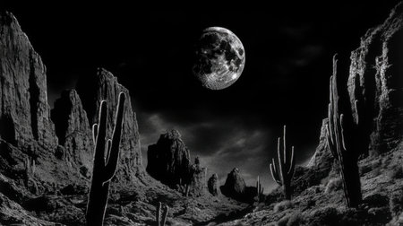 A captivating black and white image of a moonlit desert landscape, featuring dramatic rock formations and towering cacti under the night sky.の素材
