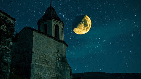 A serene night scene featuring a glowing moon illuminating an ancient stone building. Stars twinkle in the dark sky, creating a peaceful and mystical atmosphere.の素材