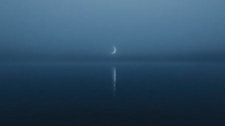 A tranquil scene of a crescent moon reflecting on calm water surrounded by fog, evoking feelings of serenity and solitude in a minimalist landscape.の素材