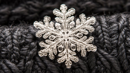 A stunning close-up of a silver snowflake brooch resting on a dark knit fabric, showcasing intricate details and a touch of winter elegance.の素材