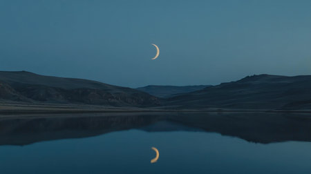 A calming landscape featuring a crescent moon reflecting on still water, surrounded by gentle hills under a serene dusk sky. Perfect for relaxation.の素材