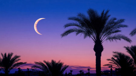 A beautiful twilight scene featuring a crescent moon hanging in a stunning sky above silhouetted palm trees. This serene landscape captures the essence of tranquility and natural beauty.の素材