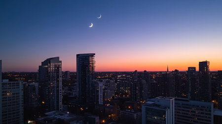 A scenic view of a vibrant city skyline at twilight, featuring crescent moons in the sky. The tranquil atmosphere captures urban beauty during dusk.の素材