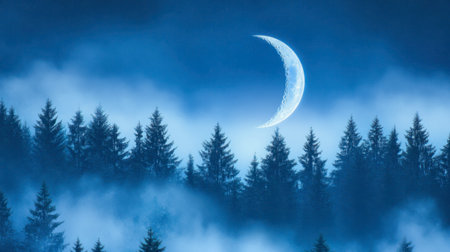 A tranquil view of a crescent moon illuminating a misty forest. The serene blue tones and silhouettes of trees create a magical atmosphere, perfect for nature lovers.の素材