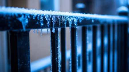 A close-up of a frosted railing featuring delicate ice crystals and a serene winter atmosphere, highlighting the beauty of cold weather and nature's patterns.の素材