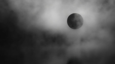 A haunting monochrome image of a moon emerging through fog, casting a serene reflection over still water. The atmosphere is filled with mystery and tranquility.の素材