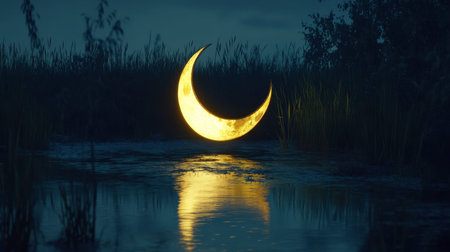 A mesmerizing moon glows softly over calm water, creating a serene landscape at dusk. Ideal for evoking themes of peace and tranquility in nature.の素材
