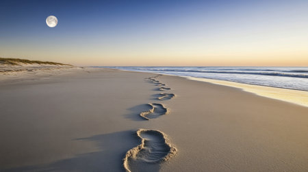 A serene beach scene at twilight featuring footprints leading towards the ocean under the glow of a full moon, creating a tranquil atmosphere for reflection and exploration.の素材