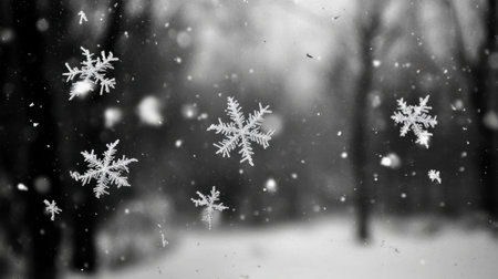A serene winter scene featuring delicate snowflakes falling against a blurred backdrop of trees. The monochrome effect enhances the tranquil atmosphere of nature's beauty.の素材