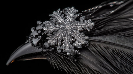 A stunning close-up of a black bird adorned with a silver snowflake, showcasing intricate details and elegant craftsmanship against a dark backdrop.の素材