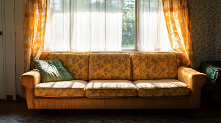 A vintage sofa bathed in warm sunlight creates a cozy atmosphere in a charming room, perfect for relaxation and nostalgic decor.の素材