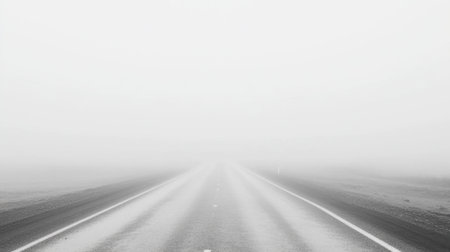 A black and white image depicting a foggy road disappearing into mist. The empty highway creates a sense of mystery and tranquility, evoking a feeling of solitude.の素材