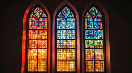 Stunning stained glass windows showcasing vibrant colors illuminate the interior of a historic church, blending artistry and spirituality beautifully.の素材