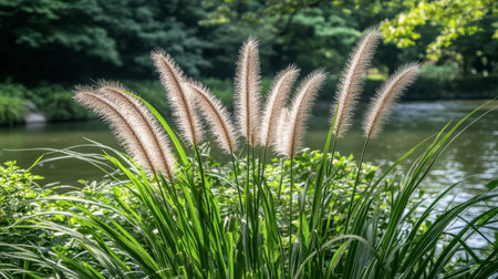 A beautiful display of pampas grass swaying gently by a calm water body, surrounded by lush greenery, creating a peaceful and tranquil atmosphere.の素材
