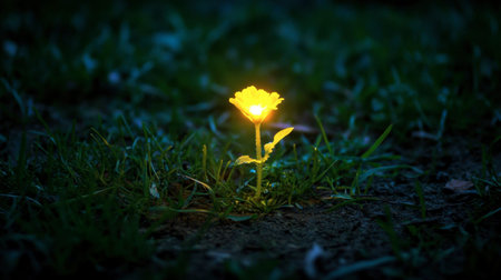 A stunning glowing flower illuminates the night, casting a warm light amidst dark grass. This enchanting scene captures the beauty of nature and serenity.の素材
